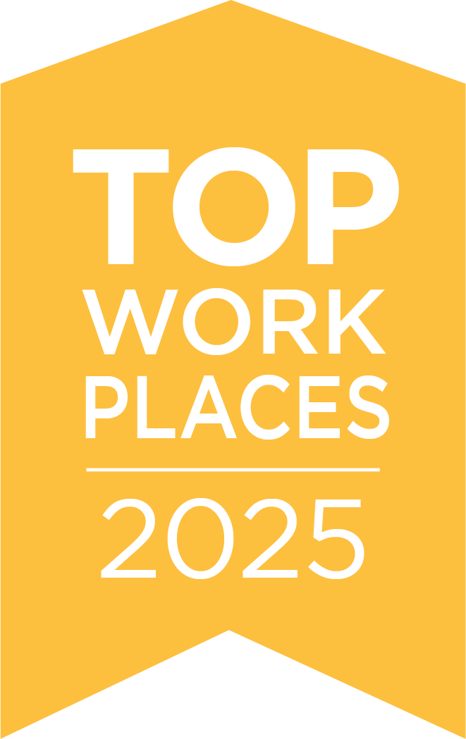 Top Work Places 2025 badge in yellow and white.